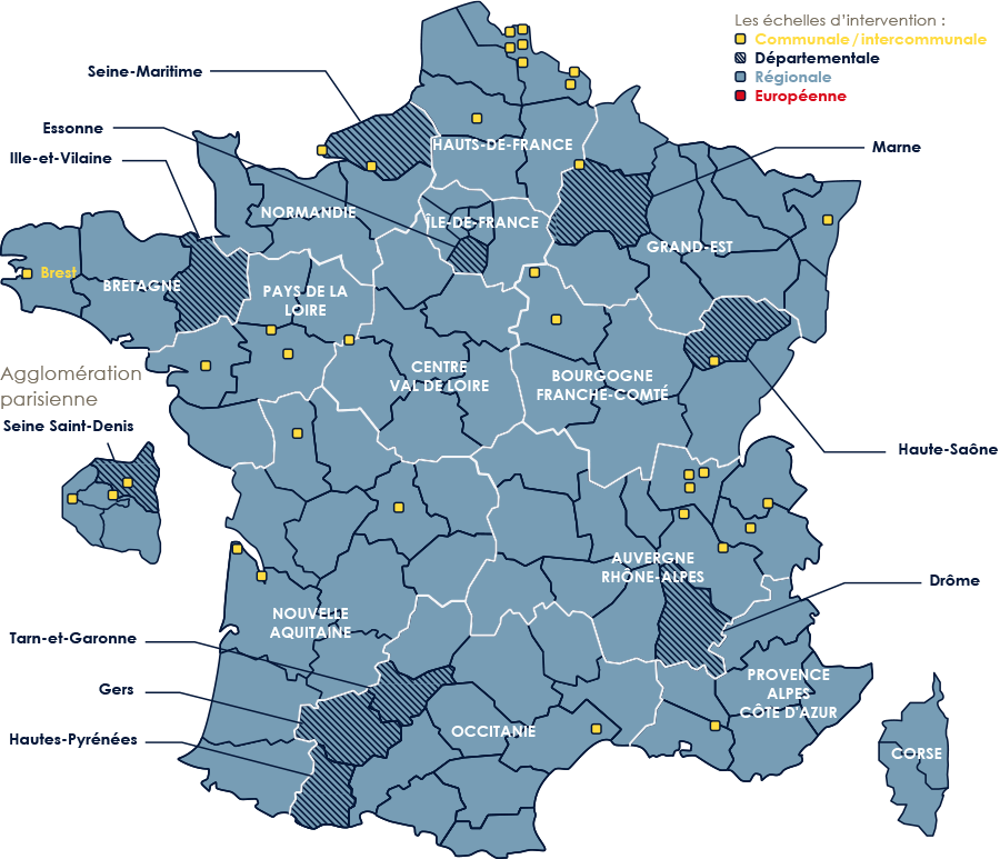 Carte de France des interventions à l'échelle nationale métropolitaine