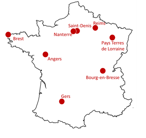 Carte situant les 8 pratiques inspirantes étudiés dans le cadre du projet Alim'Activ : Saint-Denis, Nanterre, Reims, Angers, Brest, Pays Terres de Lorraine, Bourg-en-Bresse et Gers