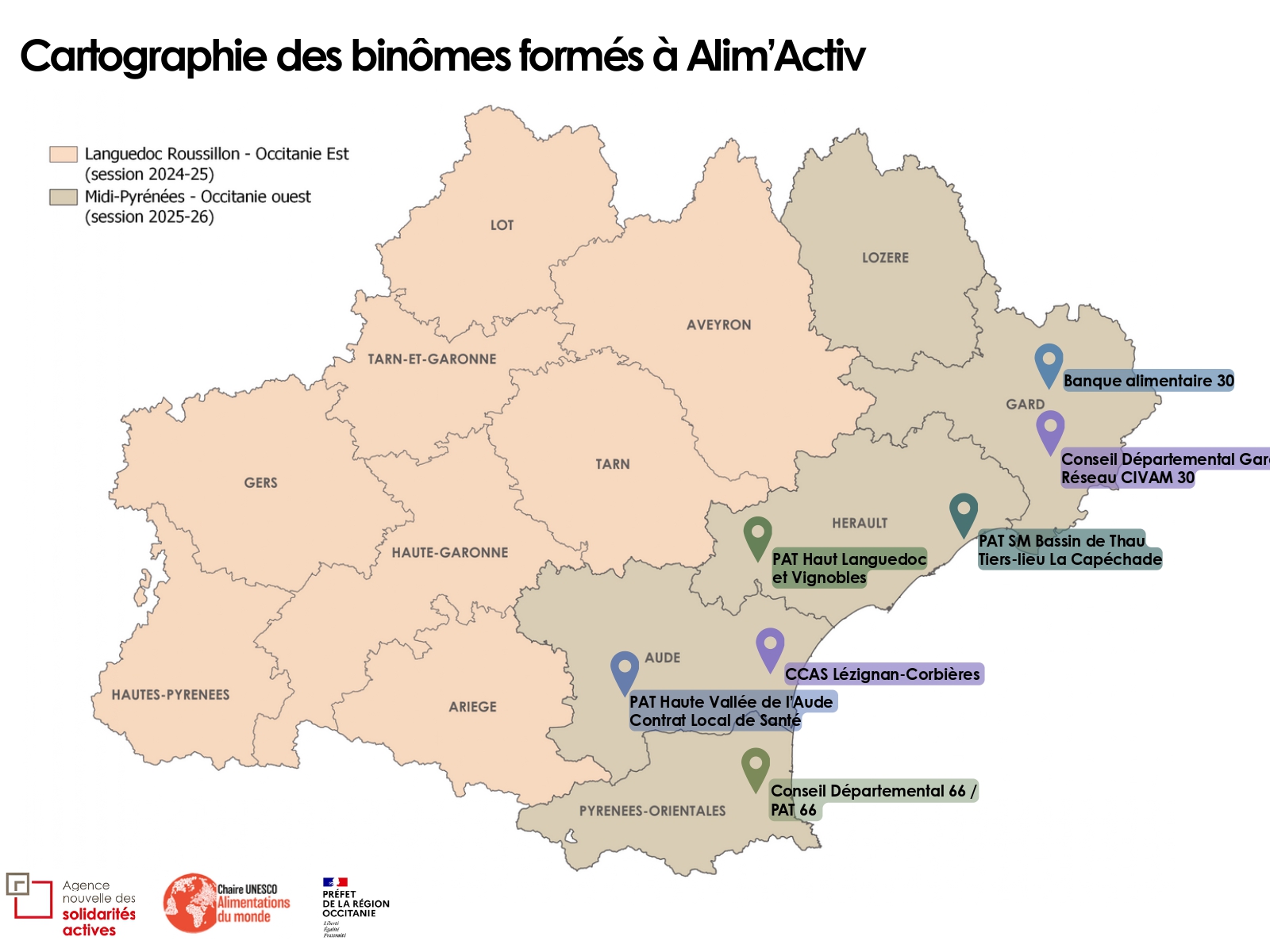 Carte des territoires Alim'Activ formés en Occitanie